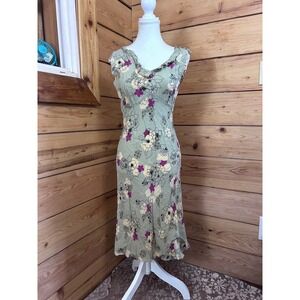 Charlotte Russe Vintage Floral Ruffle Midi Dress Sage Green Purple Rayon Large